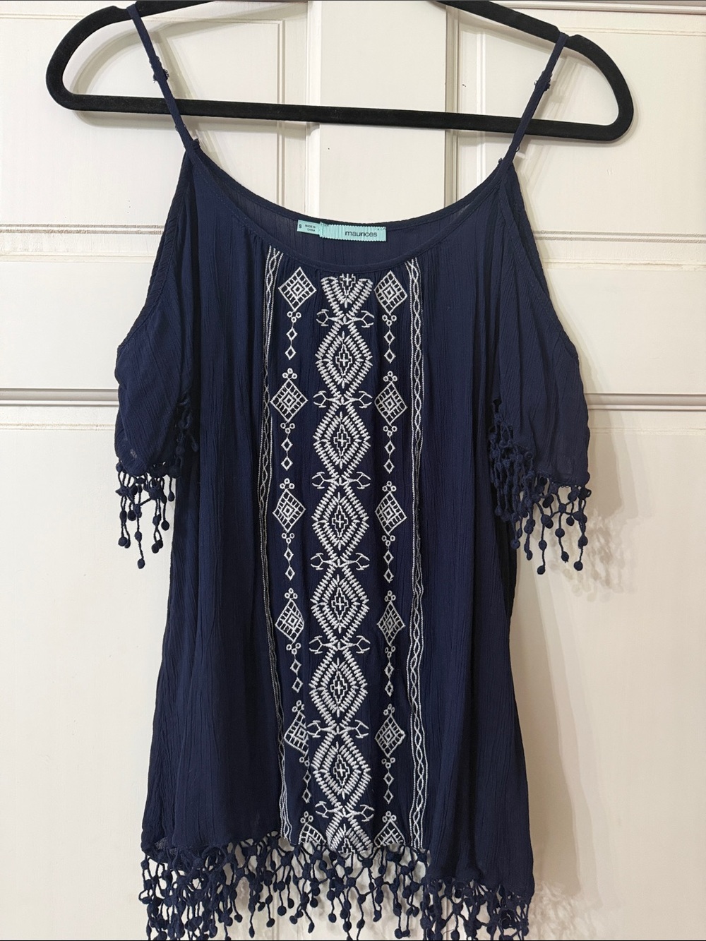 Maurices Navy Cold-Shoulder Embroidered Fringe Camisole